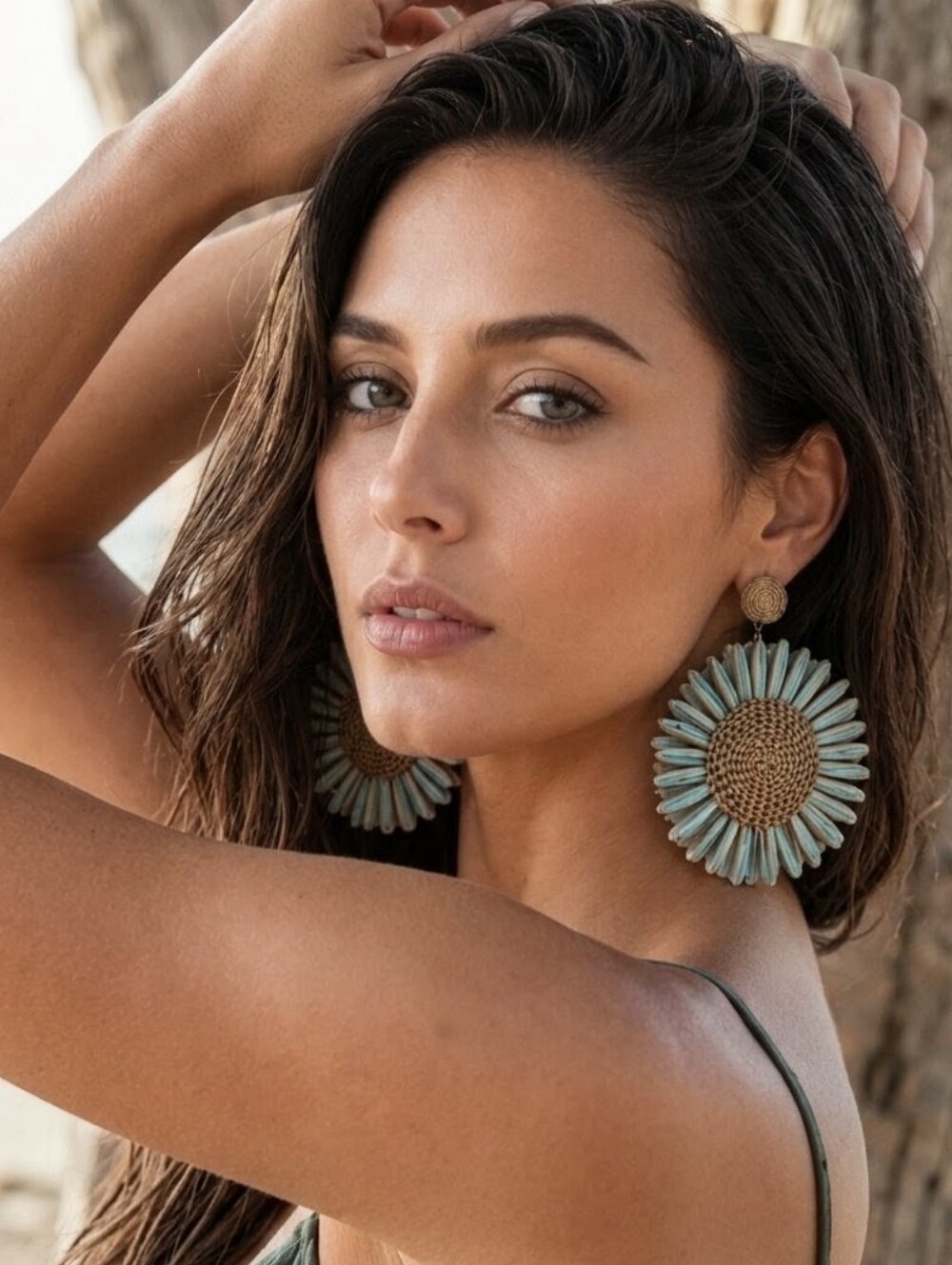 Raffia Sunburst Statement Earrings Handwoven Coastal Boho Tan Blue 3.95"